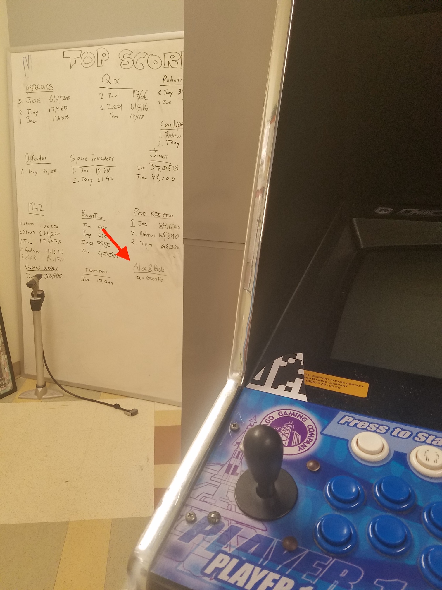 Partial view of an arcade machine
        with a whiteboard of 'Top Scores' in the background. One game listed is 'Alice & Bob',
        with top score 'a=0xcafe'