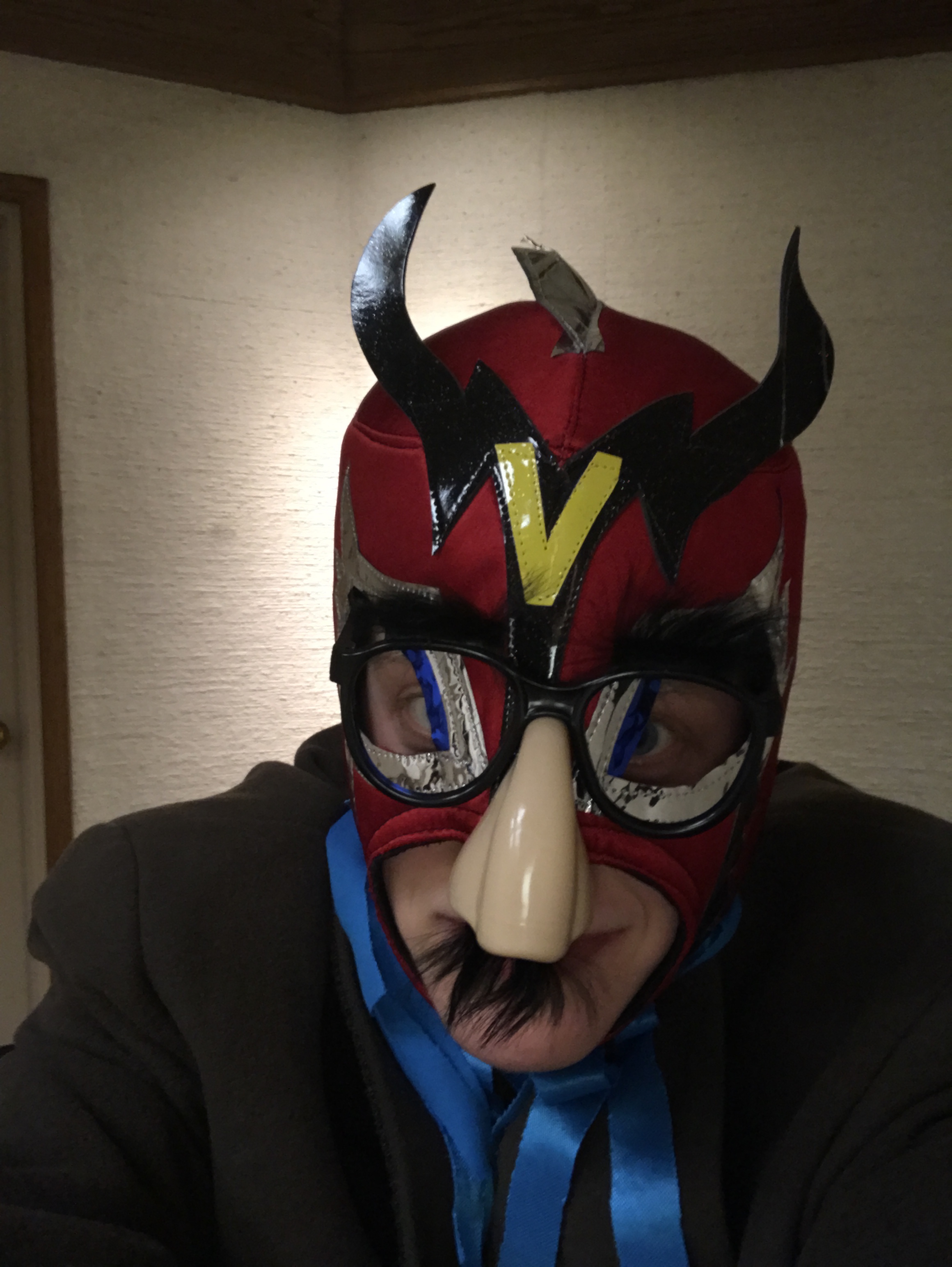 Me wearing a Mexican wrestler mask and Groucho Marx glasses. I look very cool.